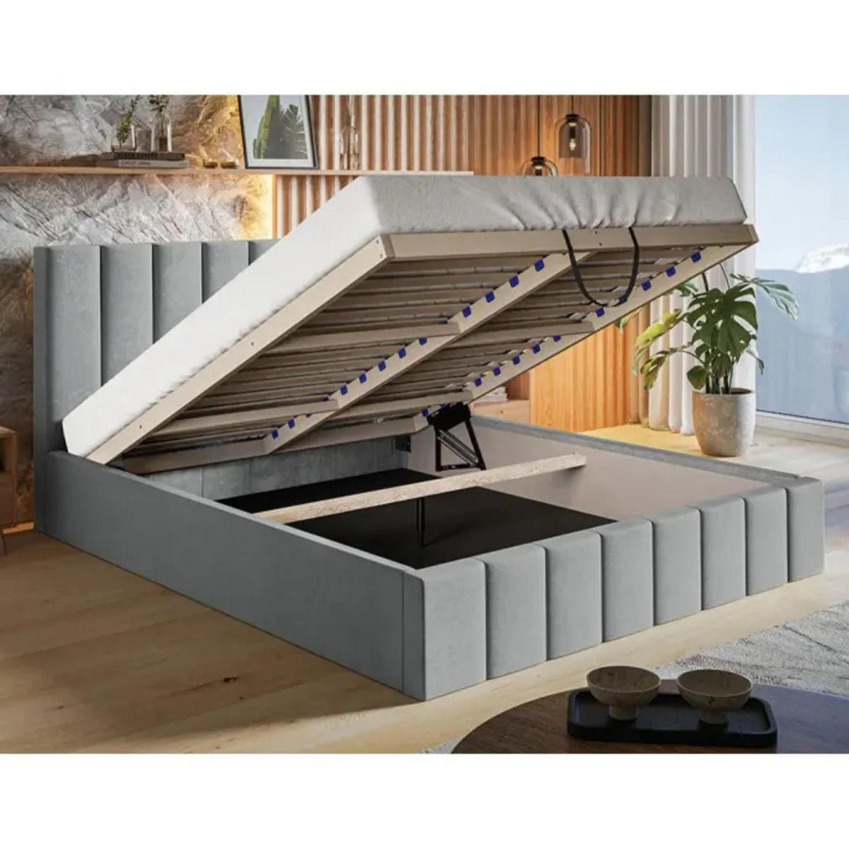 POLSTERBETT SIM 10 mit Kopfteil, 180 x 200 cm mit Bettkasten und Lattenrost aus Holz, Velourstoff, Farbe: Beige - Beige, Holz/Kunststoff (180/200cm) - Sepro Meble