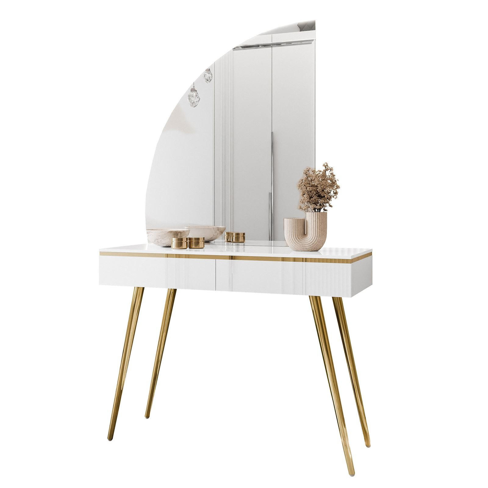 SCHMINKTISCH AURORA-SQ in weiß Hochglanz mit links Spiegel - Weiß Hochglanz/Goldfarben, Holzwerkstoff/Metall (102/173/44cm) - Lookway