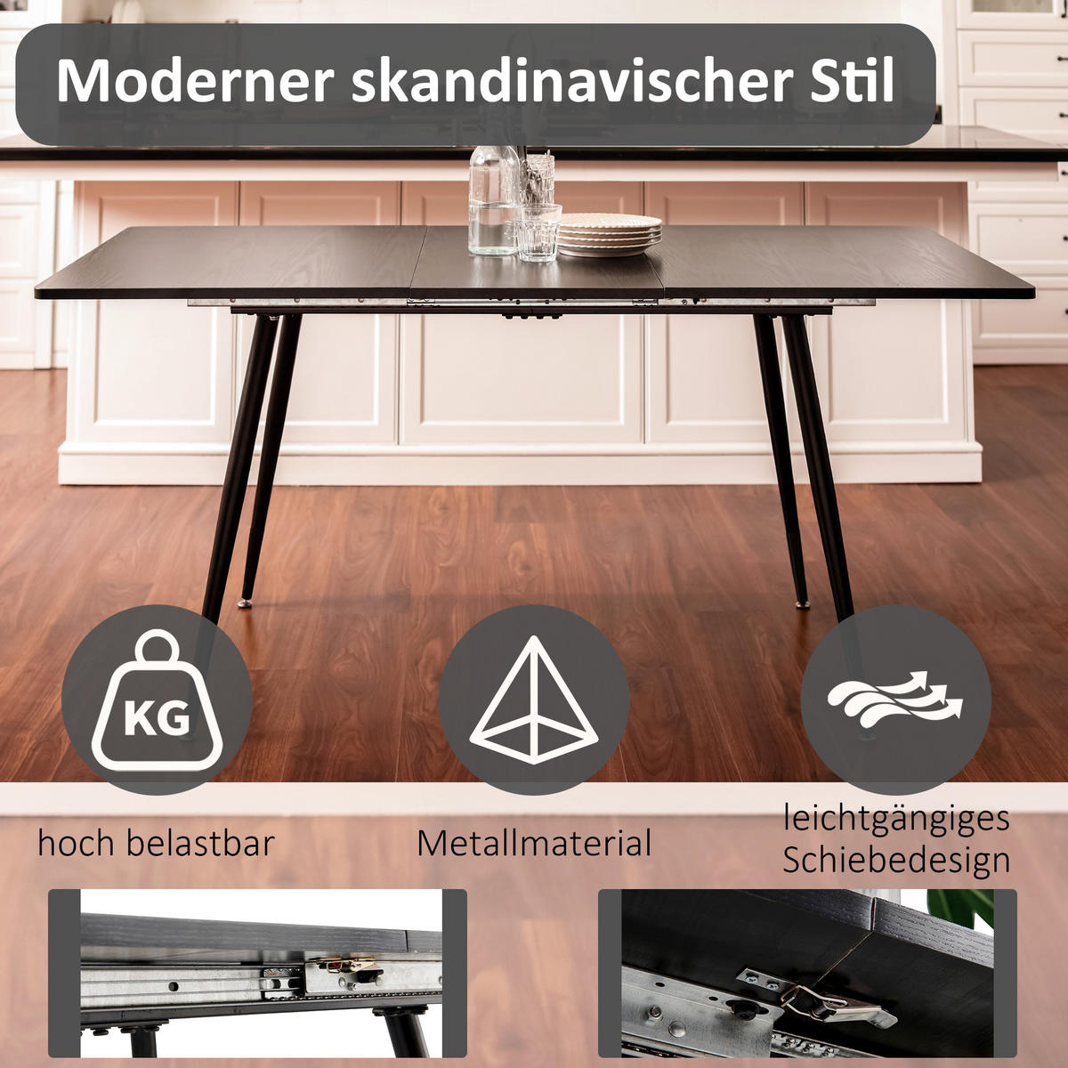 ESSTISCH Rechteckig, schwarz, ausziehbar - Schwarz, Holz/Metall (80/120/75cm) - Urban Meuble