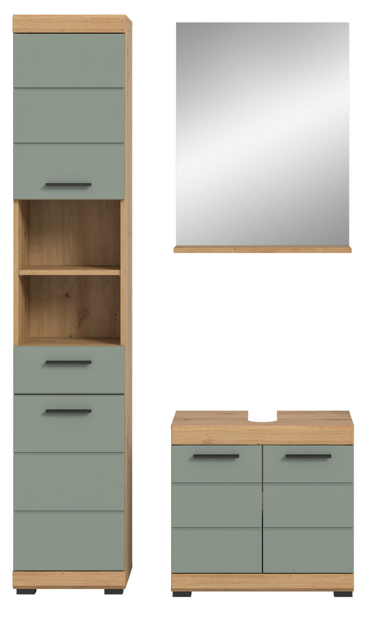BADMÖBEL-SET Salbei grün, Eiche Artisan 3-teilig 112 cm, Komplettset mit viel Stauraum - Salbeigrün/Schwarz, Glas/Holzwerkstoff (112/191/34cm) - Inn.Furn