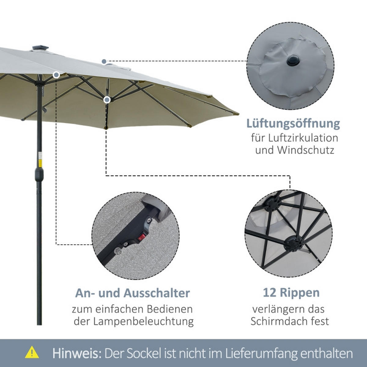 SONNENSCHIRM Doppelsonnenschirm LED Solar Hellgrau/Schwarz - Weiß, Metall (265/450cm) - ComfortXL