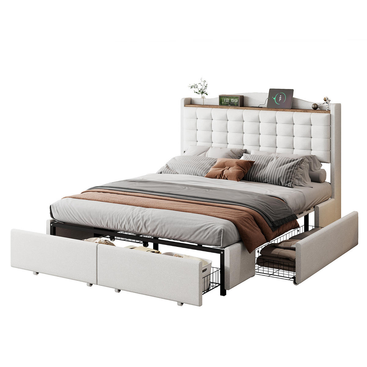 BETT beige 200/146/110 cm - Beige, Textil/Metall (140/200cm) - Urban Meuble