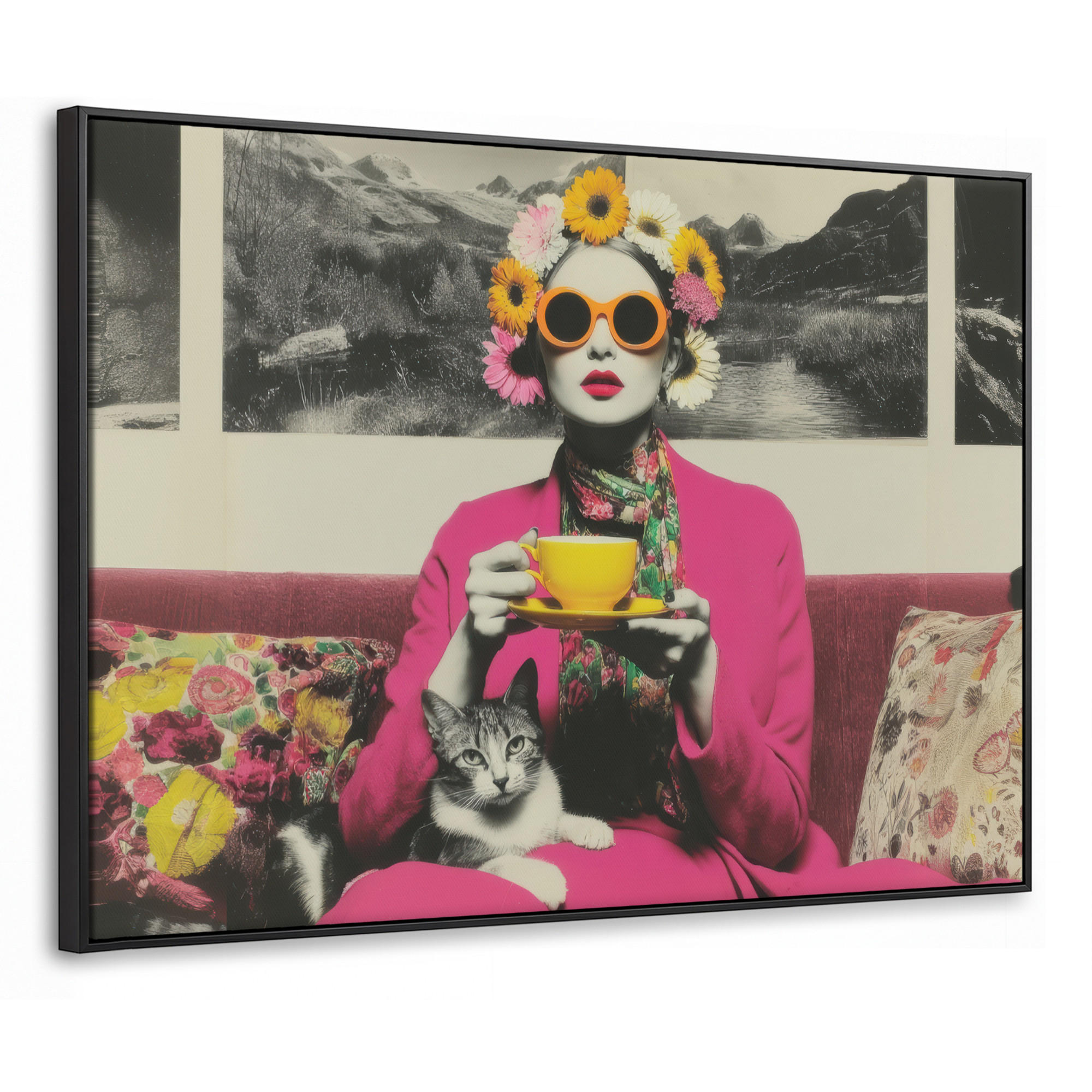 LEINWAND Bilder mit Rahmen - Frau - Katze - Blumen - Tasse - Retro - 80x60 - Magenta, Textil (80/60cm) - MuchoWow