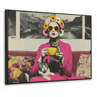 LEINWAND Bilder mit Rahmen - Frau - Katze - Blumen - Tasse - Retro - 70x50 - Magenta, Textil (70/50cm) - MuchoWow