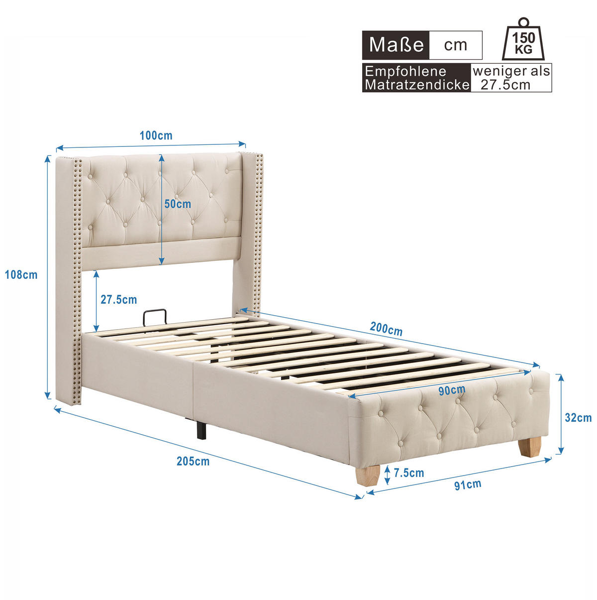 POLSTERBETT 90/200 cm mit Lattenrost und gepolstertem Kopfteil in Beige - Beige, Textil (90/200cm) - BEAOK