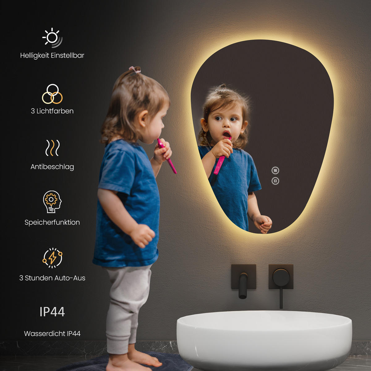 BADSPIEGEL mit Touch-Schalter, Dimmbar 60/45/3 cm - Weiß, Glas (45/2.9/60cm) - EMKE