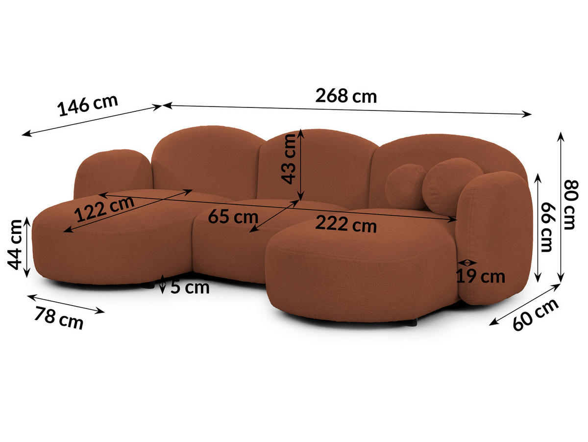 WOHNLANDSCHAFT Nuvola mit abgerundetem Design Terrakotta Bouclé-Stoff - Terra cotta/Schwarz, Holz/Kunststoff (268/80/146cm) - S-Style Möbel
