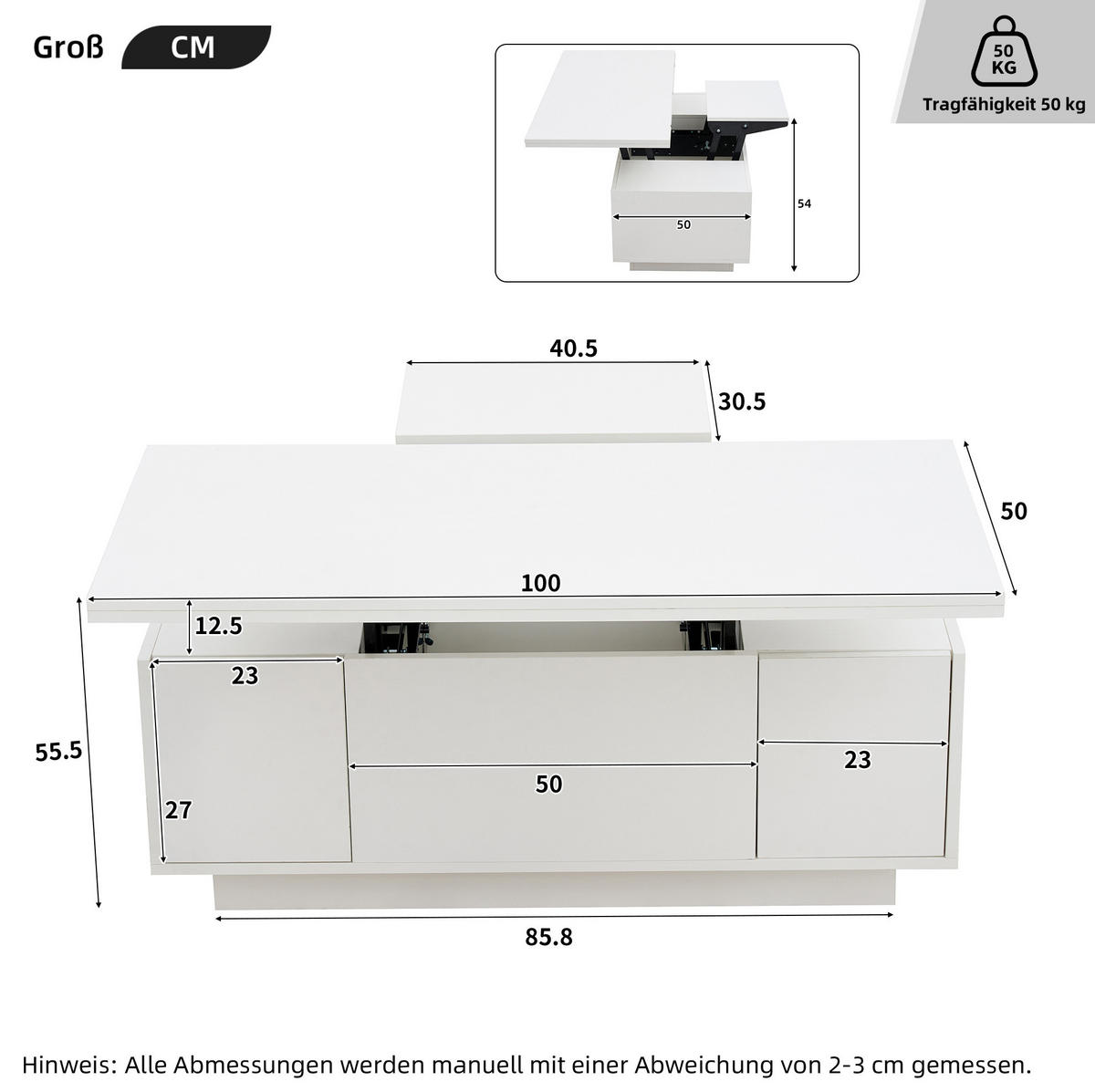 COUCHTISCH mit 2 Hebeplatten 100 x 50 x 43 cm Weiß - Weiß, Holzwerkstoff (100/50/55.5cm) - Meubliv