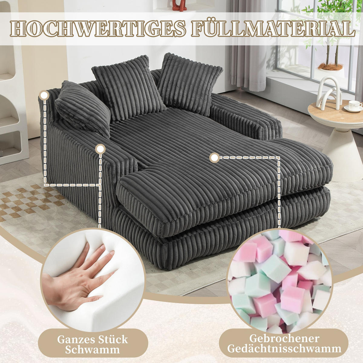 SCHLAFSOFA Relaxliege mit 3 Zierkissen,Lounge Sofa,Polstersofa,Cord,Dunkelgrau - Dunkelgrau, Textil (125/63/155cm) - LVHOM