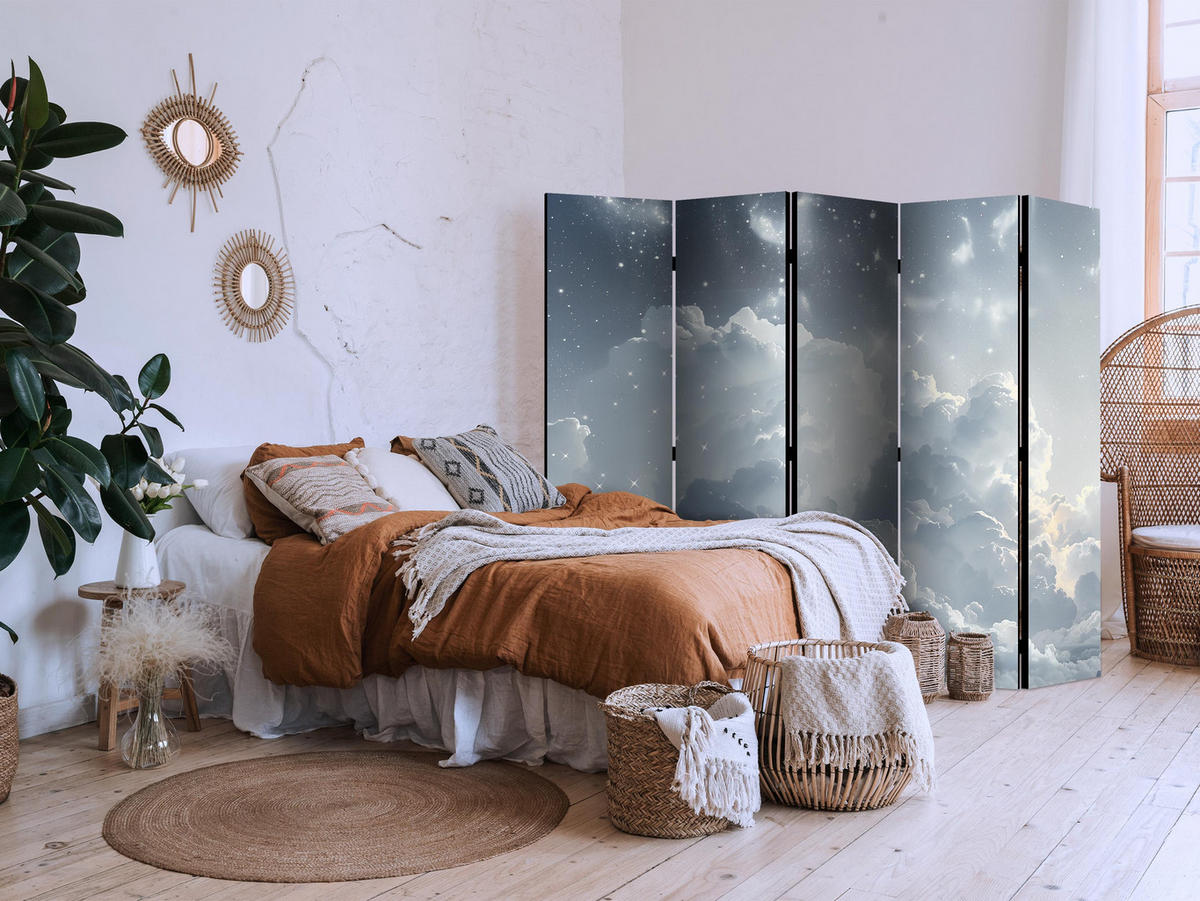 PARAVÁN Obojstranný 5-Dielny 225x172 cm Hviezdy medzi Oblakmi - modrá, drevo/textil (225/172/3cm) - Muralo
