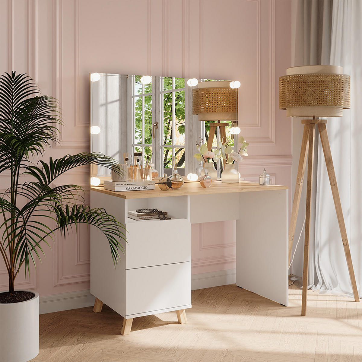 SCHMINKTISCH Karen Weiß/Artisan 110 cm mit LED-Lichterkette - Weiß/Eiche Artisan, Holzwerkstoff (110/75/55cm) - Vicco