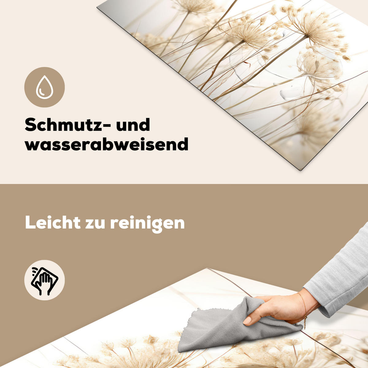 HERDABDECKPLATTE Blumen - Weiß - Sonnenlicht Induktionsschutz 89.6x51.6 cm - Ecru, Kunststoff (89.6/51.6/0.2cm) - MuchoWow