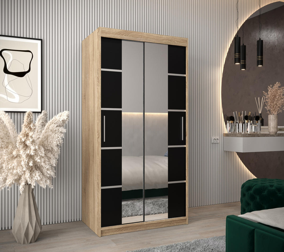 SCHWEBETÜRENSCHRANK 200/100/62 2-türig - Silberfarben/Schwarz, Holz/Kunststoff (100/200/62cm) - Abiks Möbel