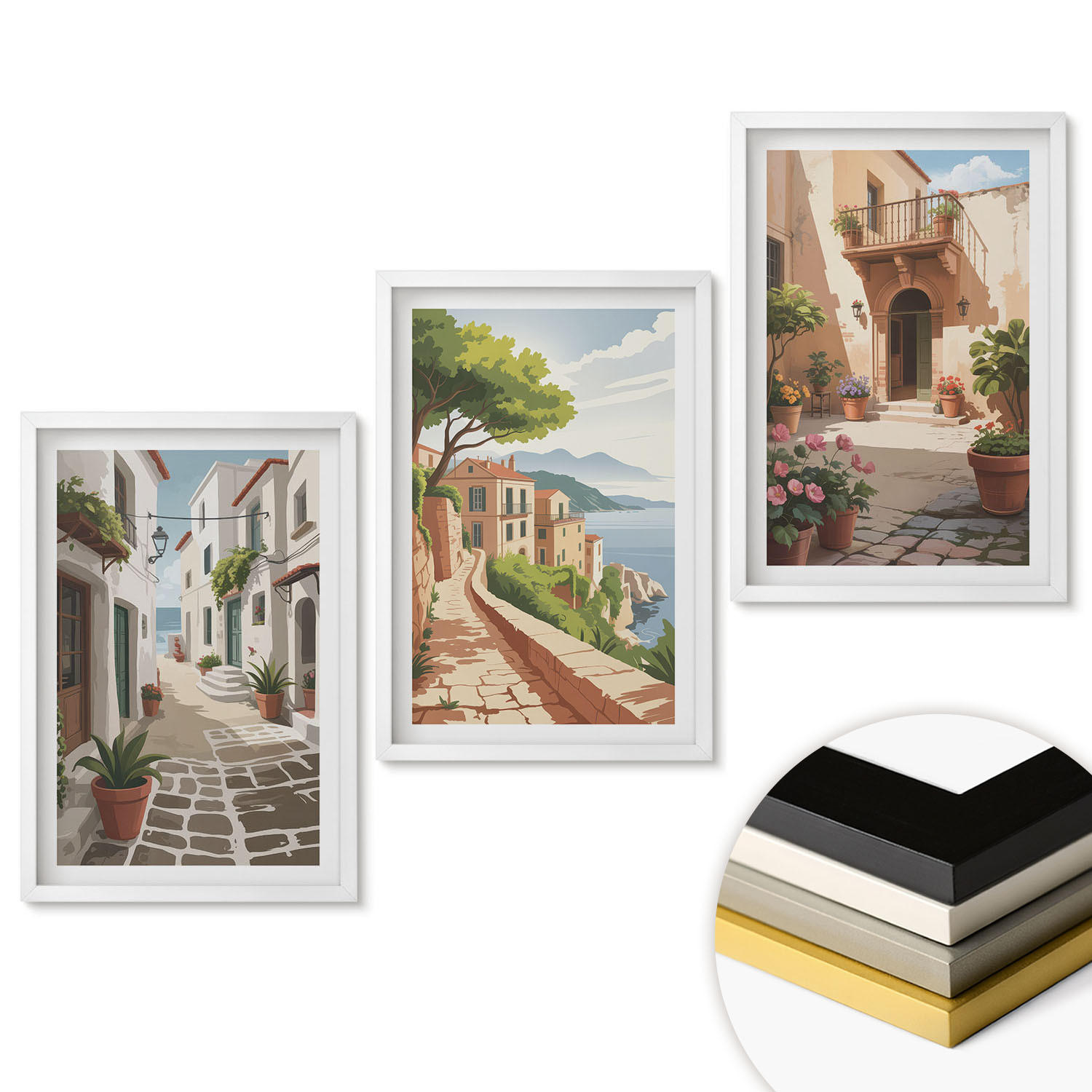 WANDBILDER 3er-Set - 40x60 cm Weißer Rahmen - Straßen, Häuser, Pflanzen, Töpfe - Weiß, Kunststoff (40/60cm) - ArtPrintCave