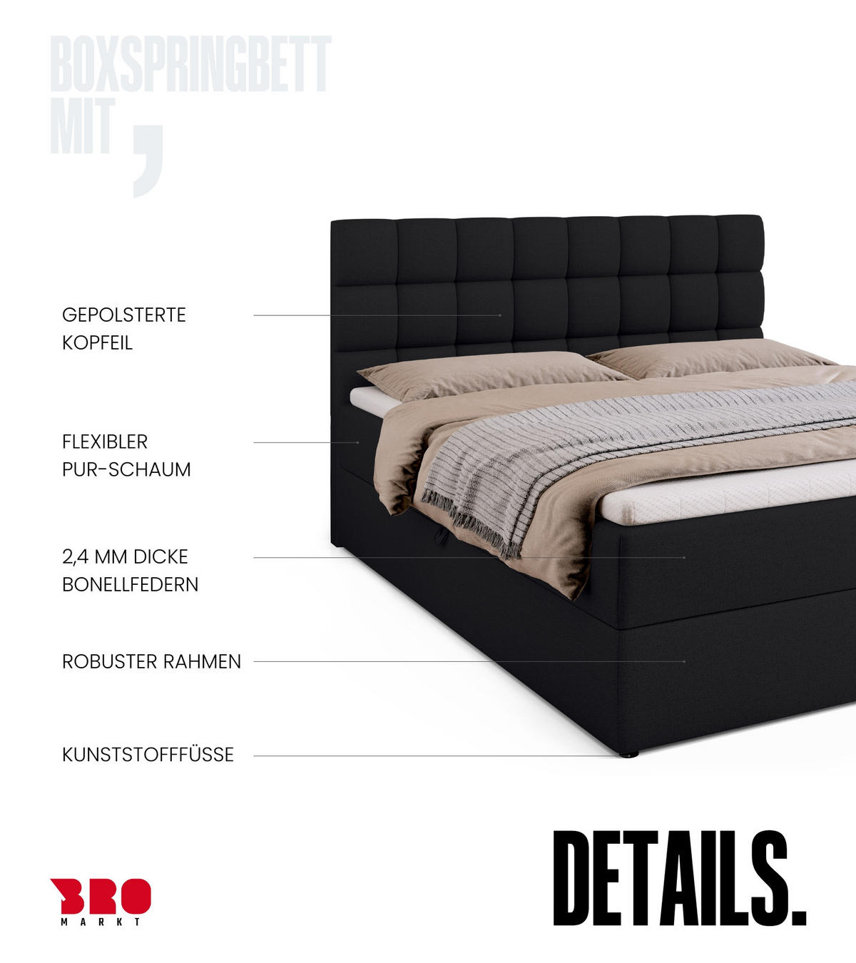 BOXBETT Dakota mit Topper 160/200 Schwarz - Schwarz, Textil (160/200cm) - Bromarkt