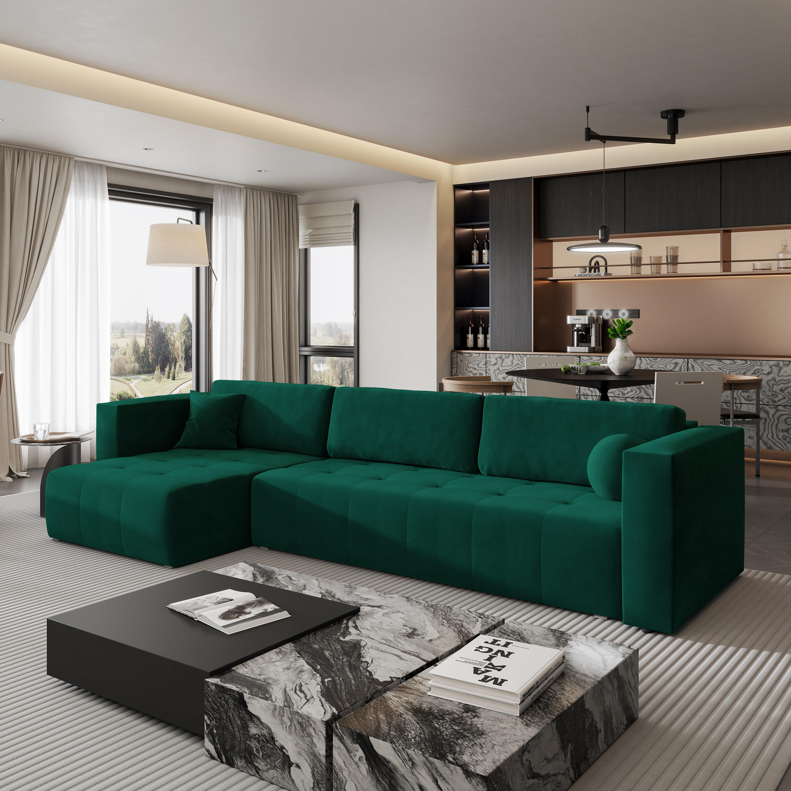 ECKSOFA OLVERA Grün Plüsch-Stoff mit Schlaffunktion - Grün, Holz (347/148cm) - MASSENO