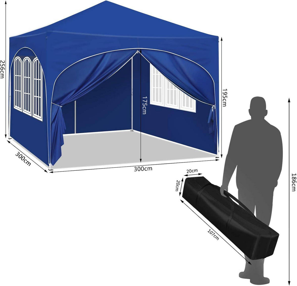 PAVILLON, Faltpavillon 3x3 m, mit 4 Seitenwänden, Grau - Blau, Metall (300/260/300cm) - Woltu