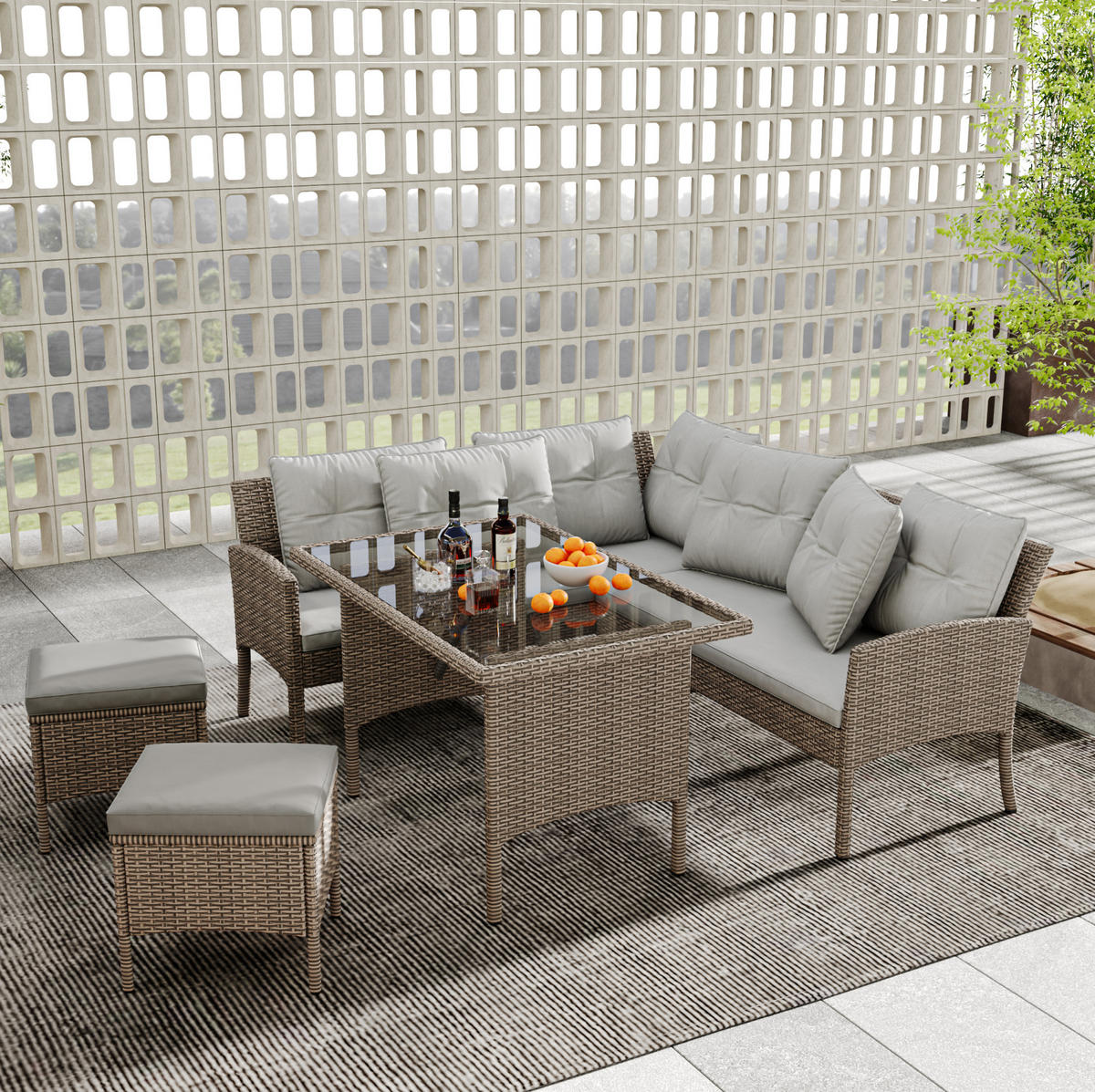 GARTENLOUNGE 195/51/78 cm khaki aus PE-Rattan mit Tisch, Hockern und waschbaren Kissen - Beige, Holzwerkstoff - OKWISH