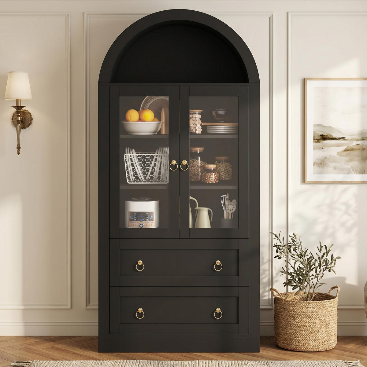 VITRINENSCHRANK aus Spanplatte 80x36x170 cm Schwarz mit Glastüren und Schubladen - Schwarz, Holzwerkstoff (80/170/36cm) - IVMEU