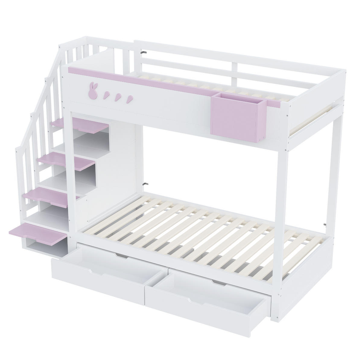 ETAGENBETT 90/200 cm mit Kaninchen und Karottenmotiven und abnehmbarem Ablagefach - Weiß, Holz (90/200cm) - OKWISH