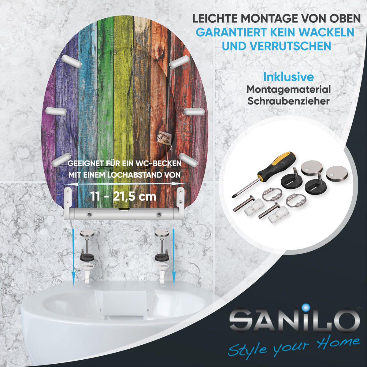WC-SITZ mit Absenkautomatik & Top Fix Rainbow - Multicolor, Holzwerkstoff (37.7/5.5/48cm) - Sanilo
