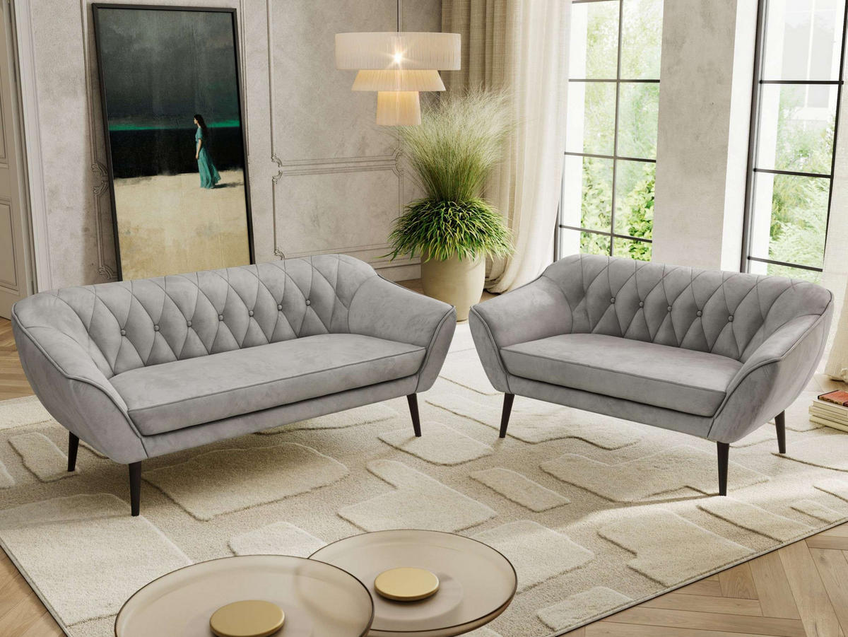 SEDACÍ SOUPRAVA 3+2 PIRS - Světle šedá Samet - Černé nohy - černá/světle šedá, kompozitní dřevo/textil (180/75/74cm) - MKS