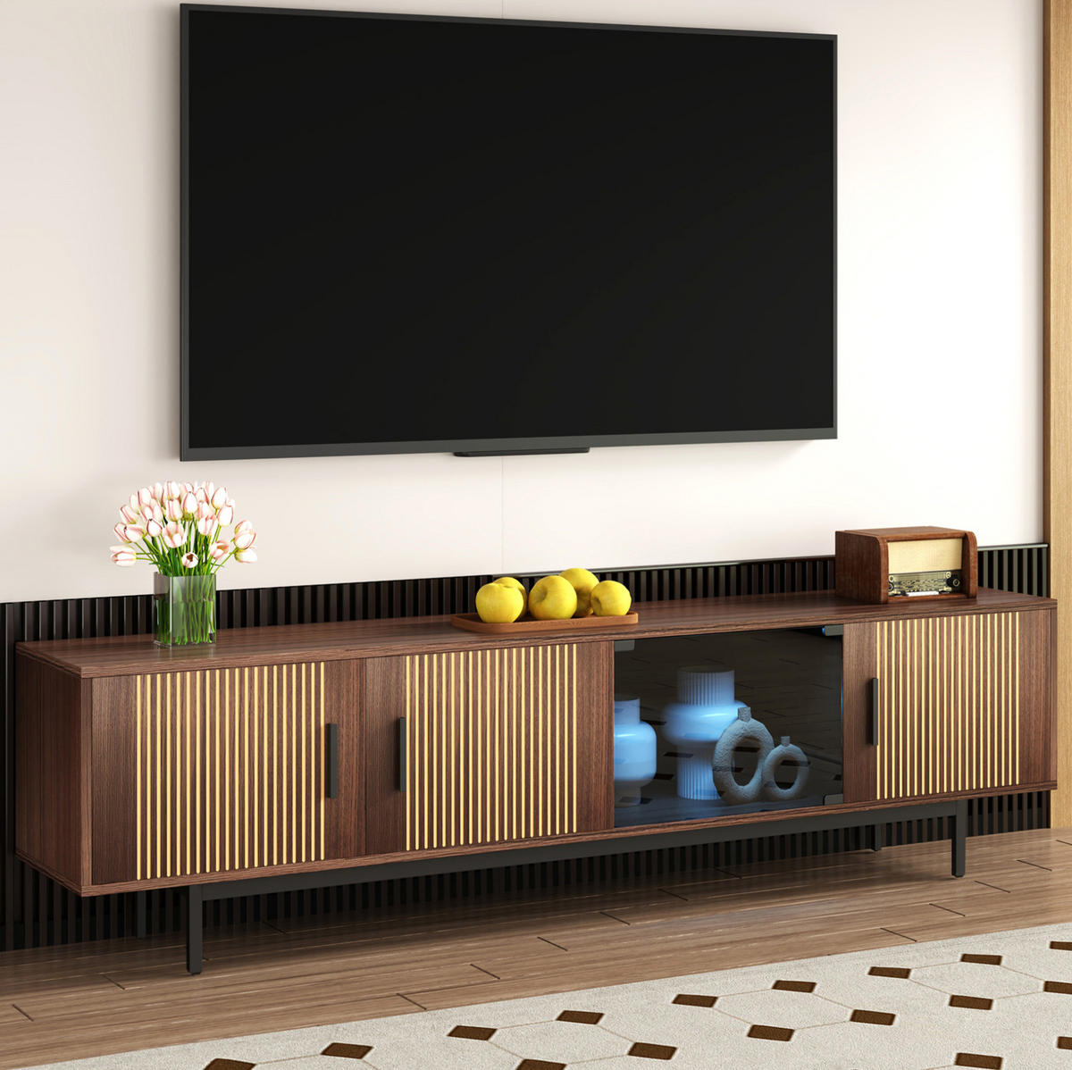TV-STÄNDER 200/35/53 cm schwarz und Walnussbraun MDF mit intelligentem LED-Lichtstrip und Glastüren - Schwarz, Holzwerkstoff (200/53/35cm) - OKWISH