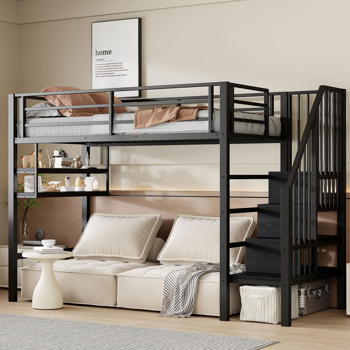 HOCHBETT 90/200 cm mit Stauraumleiter, Regalfächern und Freiraum unter dem Bett, Schwarz - Schwarz, Metall (90/200cm) - Redom