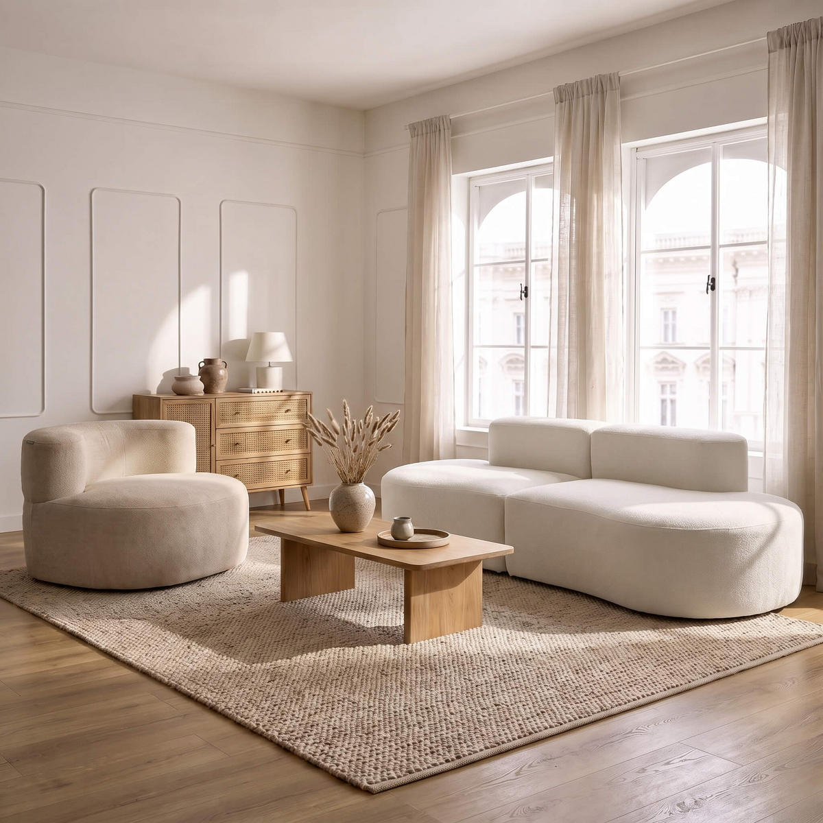 SITZGARNITUR Lounge Sofa und Sessel Weiß und Sand - Beige/Weiß, Textil (240/75/102cm) - COCO Living