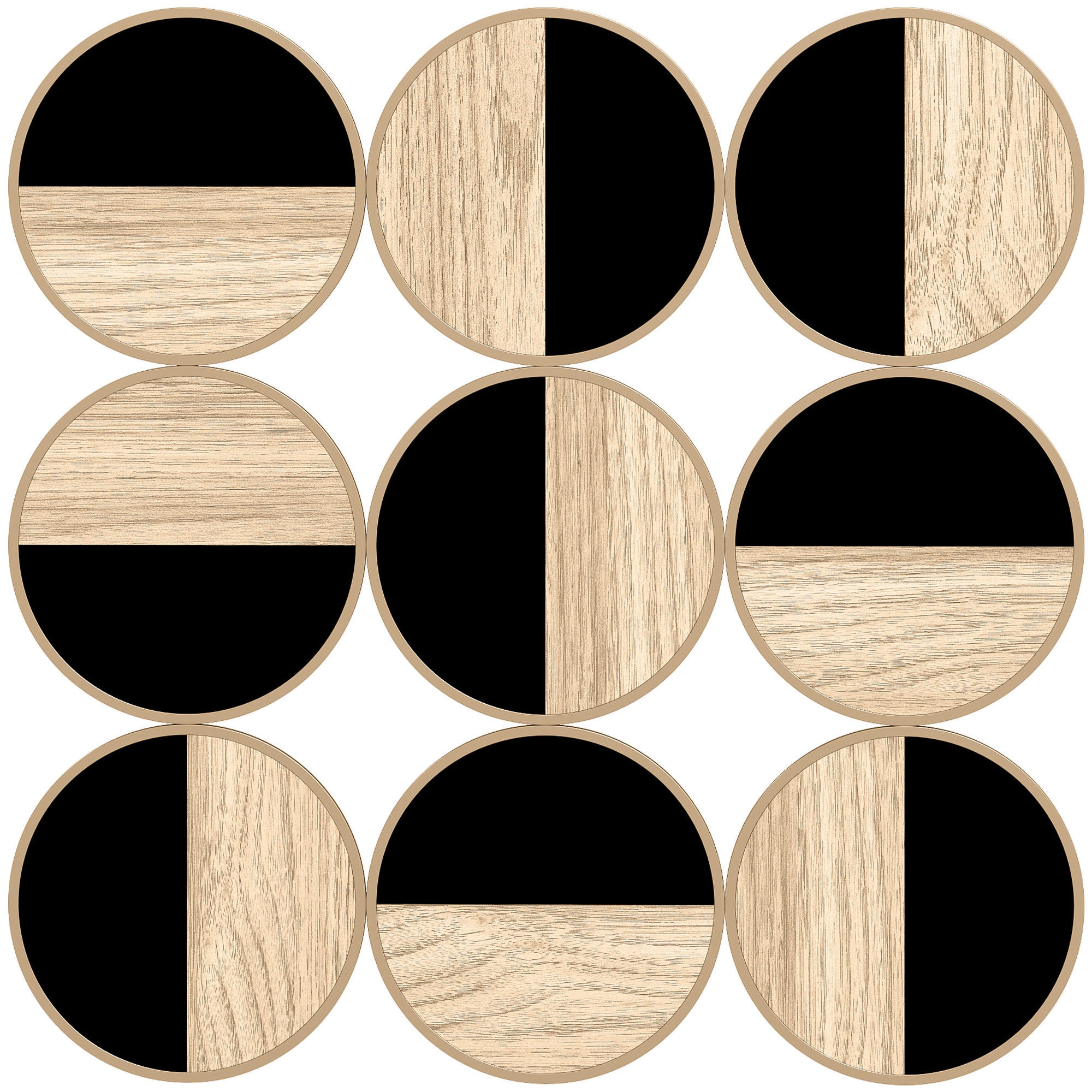 WANDDEKO DE-14333 geometrisch 9 Scheiben Natur/Schwarz - Naturfarben, Holzwerkstoff (60/60/3.8cm) - ComfortXL