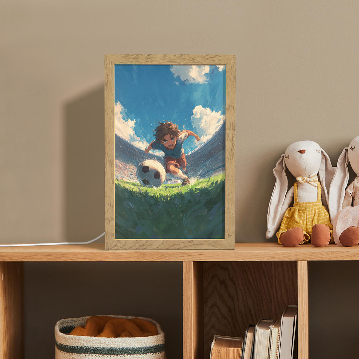 NACHTTISCHLAMPE Stadion - Fußballer - Ball 20x30 cm - Blau, Holzwerkstoff (8/20/30cm)