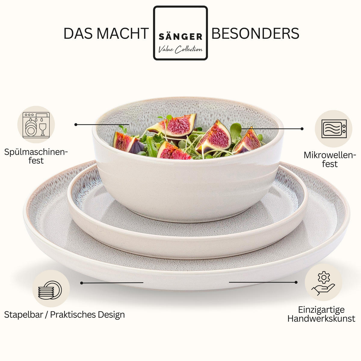 TAFELSERVICE KRETA - 36 teilig aus Steingut 12 Personen - Creme, Stein (50/30/80cm) - Sänger