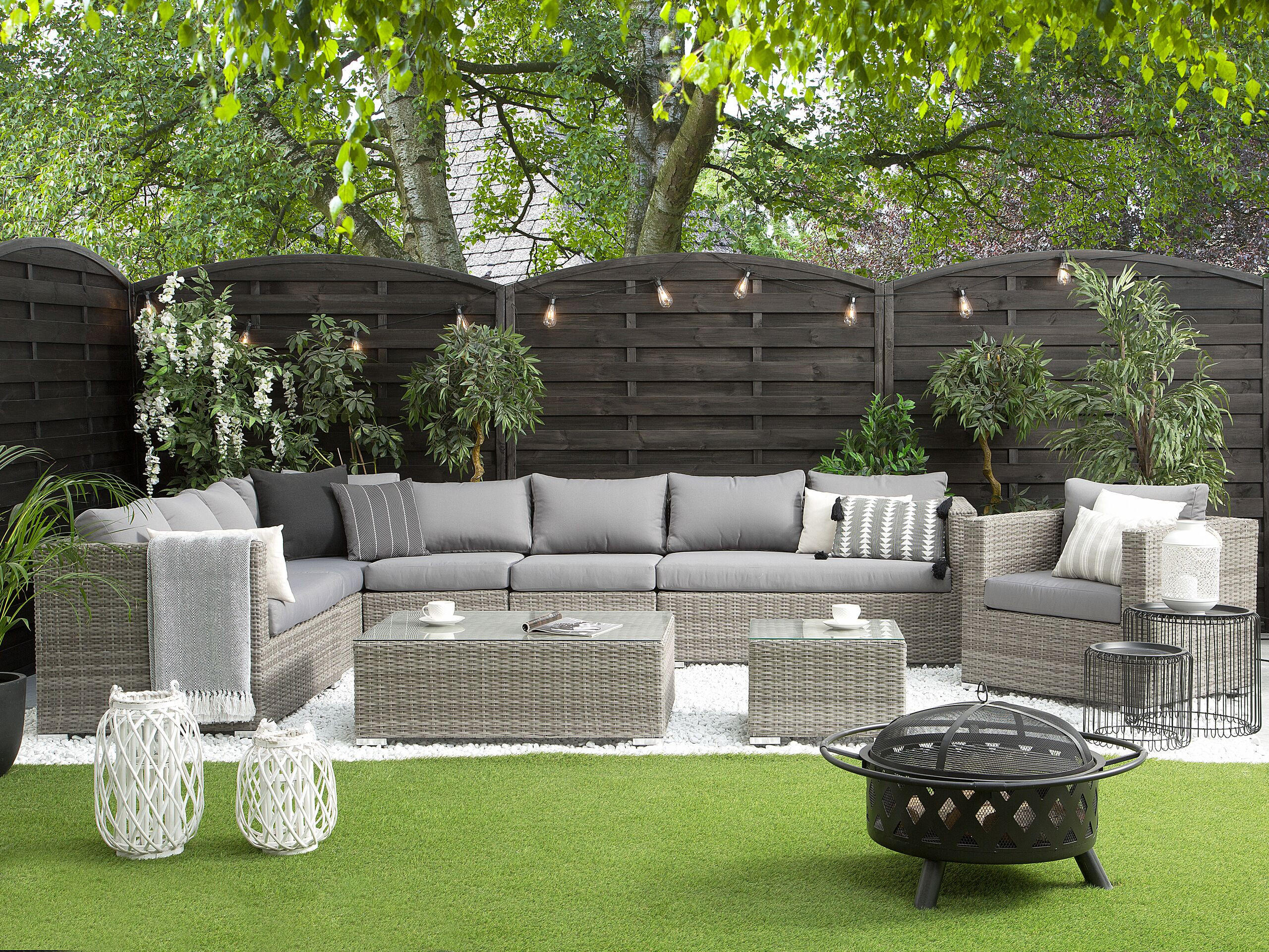 LOUNGE-SET 8-Sitzer hellgrau linksseitig modular Auflagen grau XXL - Hellgrau/Grau, Kunststoff - Beliani