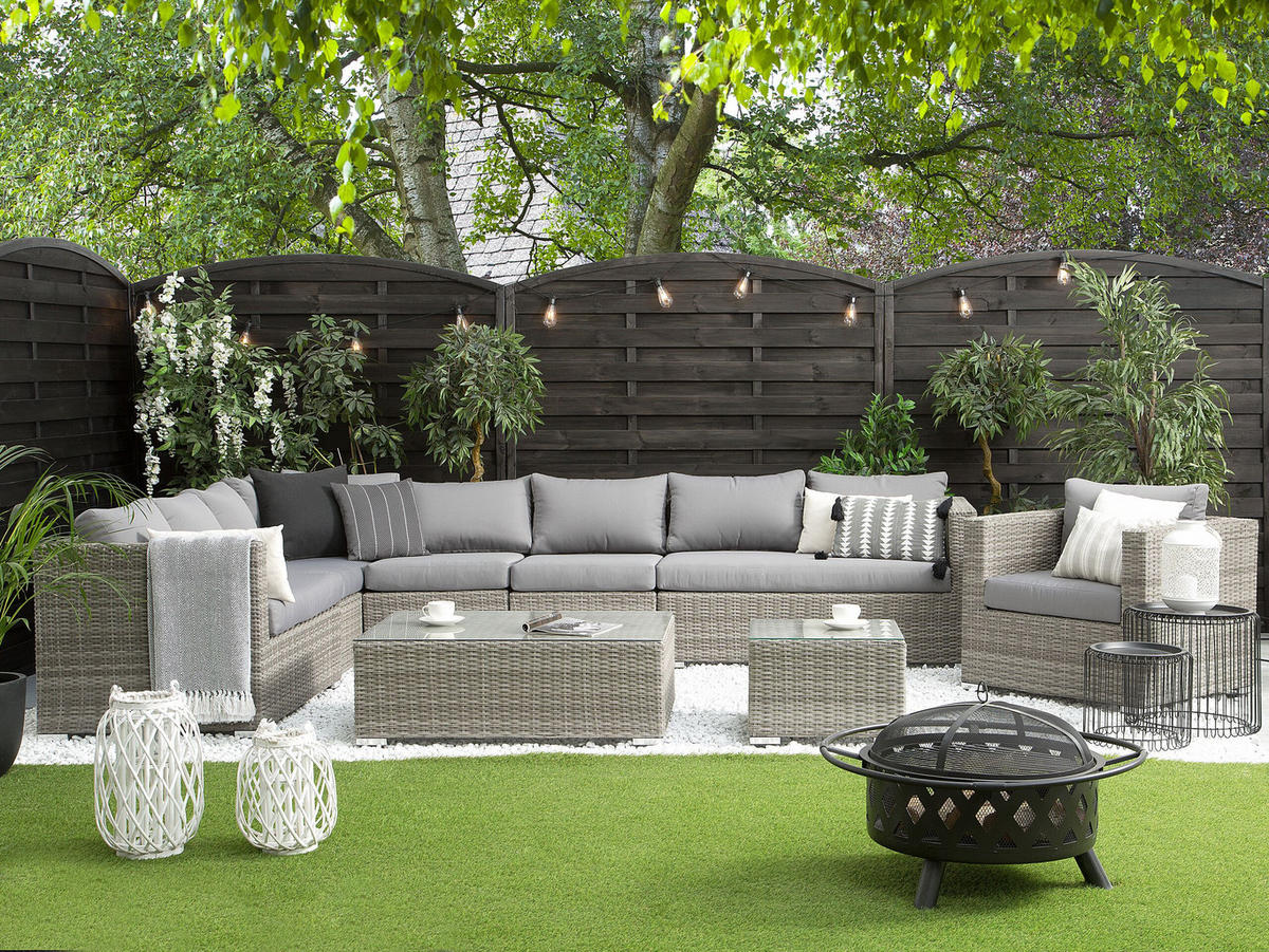 LOUNGE-SET 8-Sitzer hellgrau linksseitig modular Auflagen grau XXL - Hellgrau/Grau, Kunststoff - Beliani