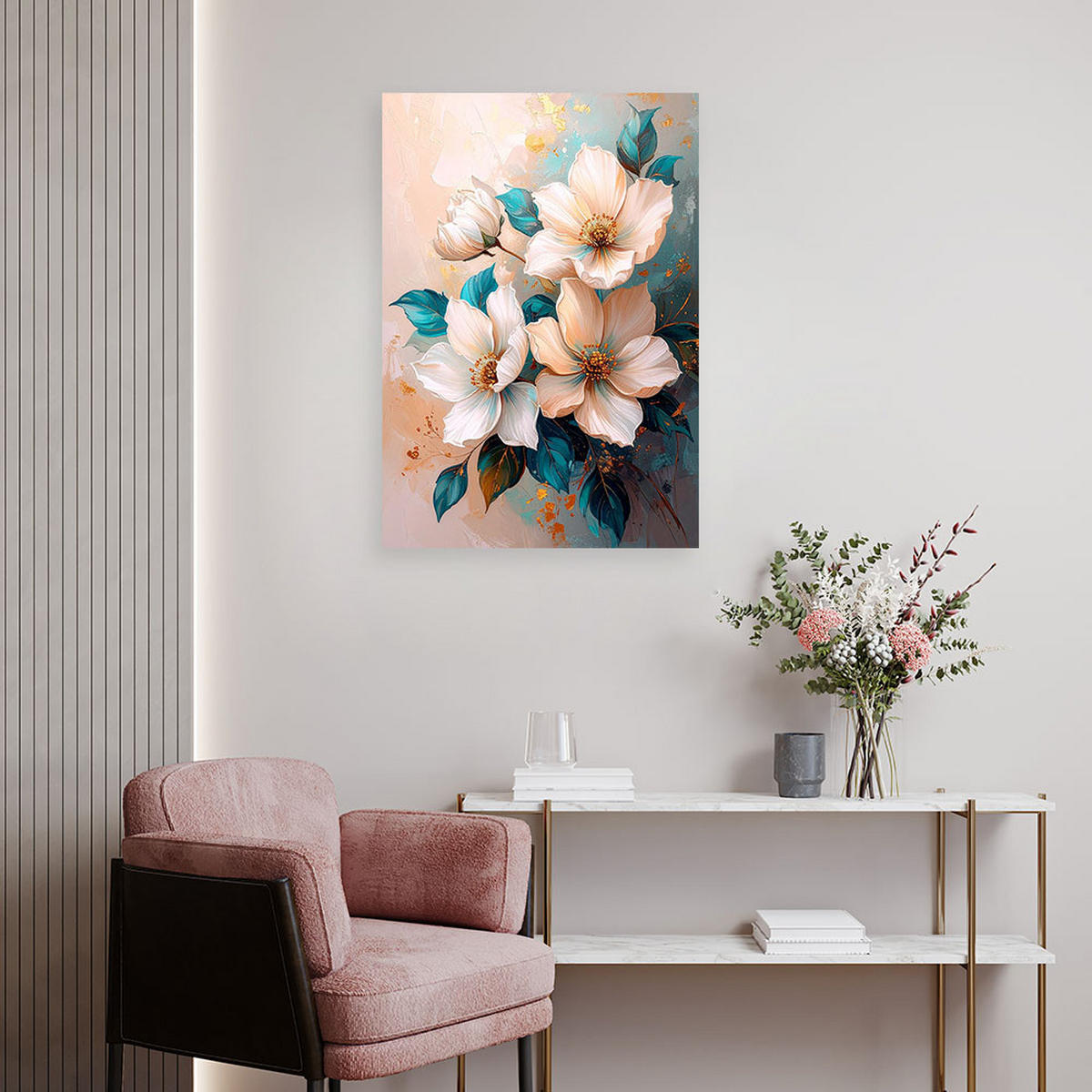 LEINWANDBILD, Helle Blumen mit türkisfarbenen Akzenten in einer pastellfarbenen Komposition - Beige, Textil (20/30cm) - Feeby