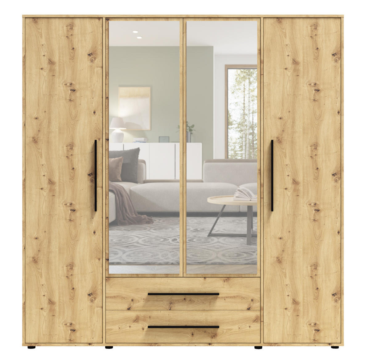 KLEIDERSCHRANK Modenain der Farbe Artisan-Eiche, mit Spiegel, mit Tür, mit Türen und Schubladen - Schwarz/Eiche Artisan, Holzwerkstoff/Kunststoff (200/206/59cm) - Ravio