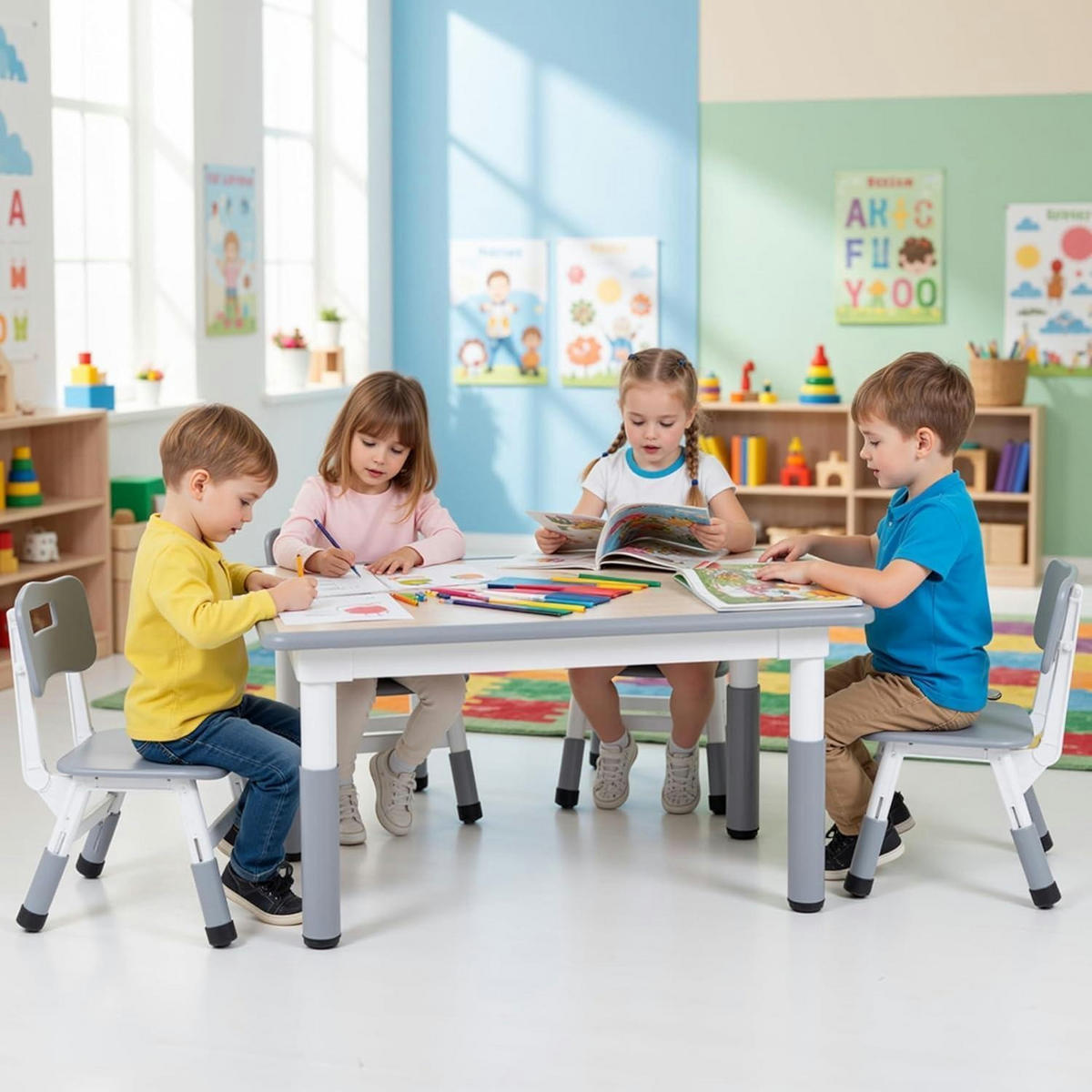 KINDERTISCH- und Stuhl-Set 5-teilig Höhenverstellbar Grau 120 x 60 cm - Grau, Kunststoff (60/60/120cm)