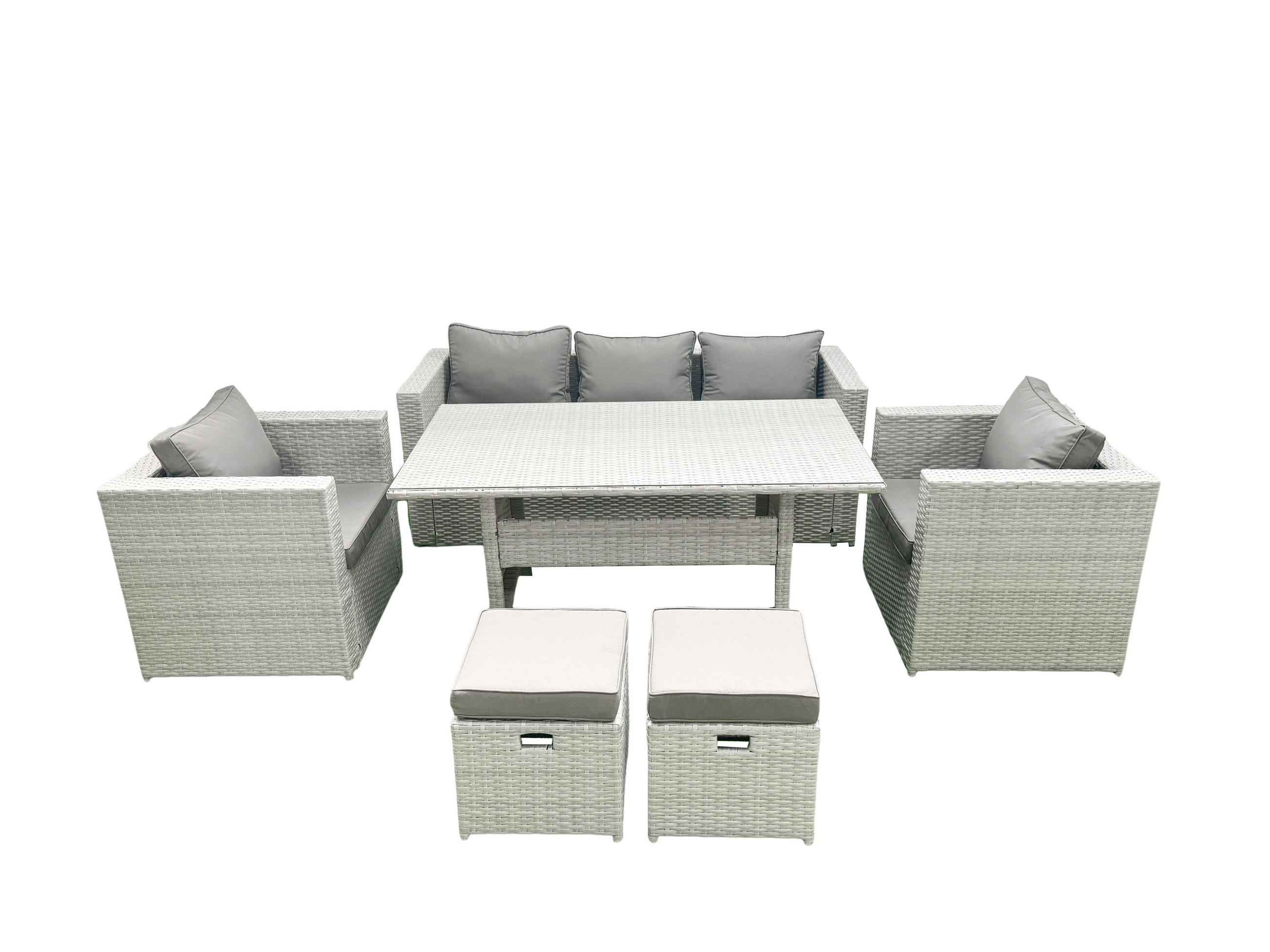 GARTENMÖBEL SET mit Sofa,2 Hockern Polyrattan Hellgrau 7-Sitzer - Hellgrau/Grau, Glas/Kunststoff - Fimous