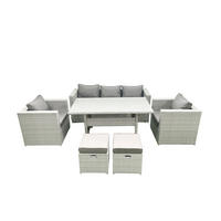 GARTENMÖBEL SET mit Sofa,2 Hockern Polyrattan Hellgrau 7-Sitzer - Hellgrau/Grau, Glas/Kunststoff - Fimous