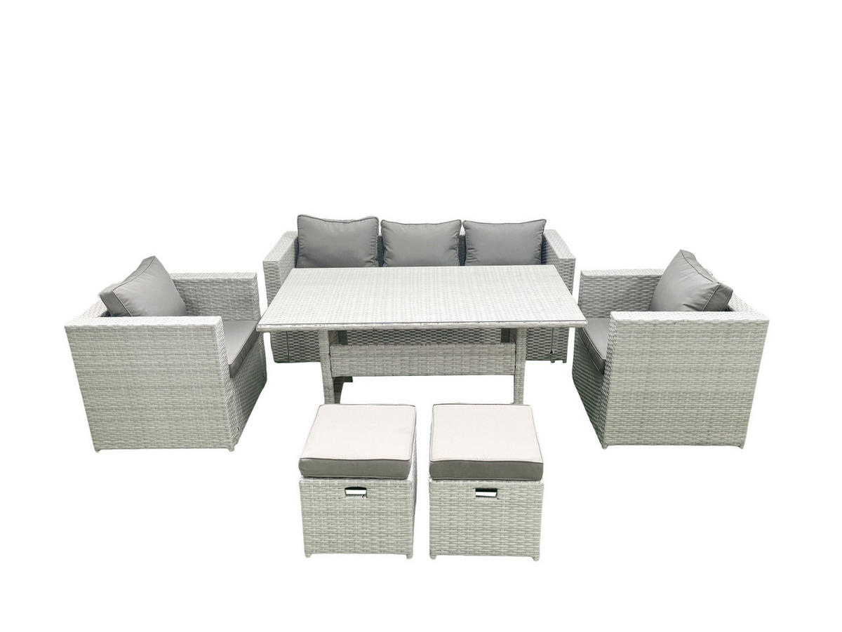 GARTENMÖBEL SET mit Sofa,2 Hockern Polyrattan Hellgrau 7-Sitzer - Hellgrau/Grau, Glas/Kunststoff - Fimous