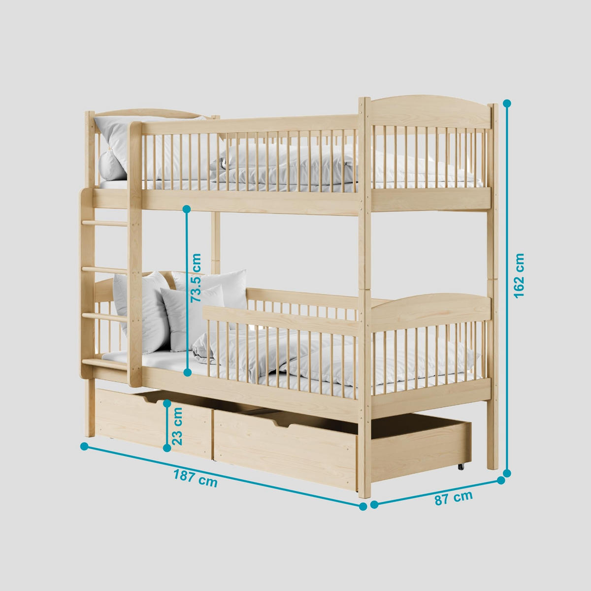 ETAGENBETT mit zwei Schubladen und zwei Matratzen 80x180 cm in Natur - Naturfarben, Holz (80/180cm) - Kids Collective