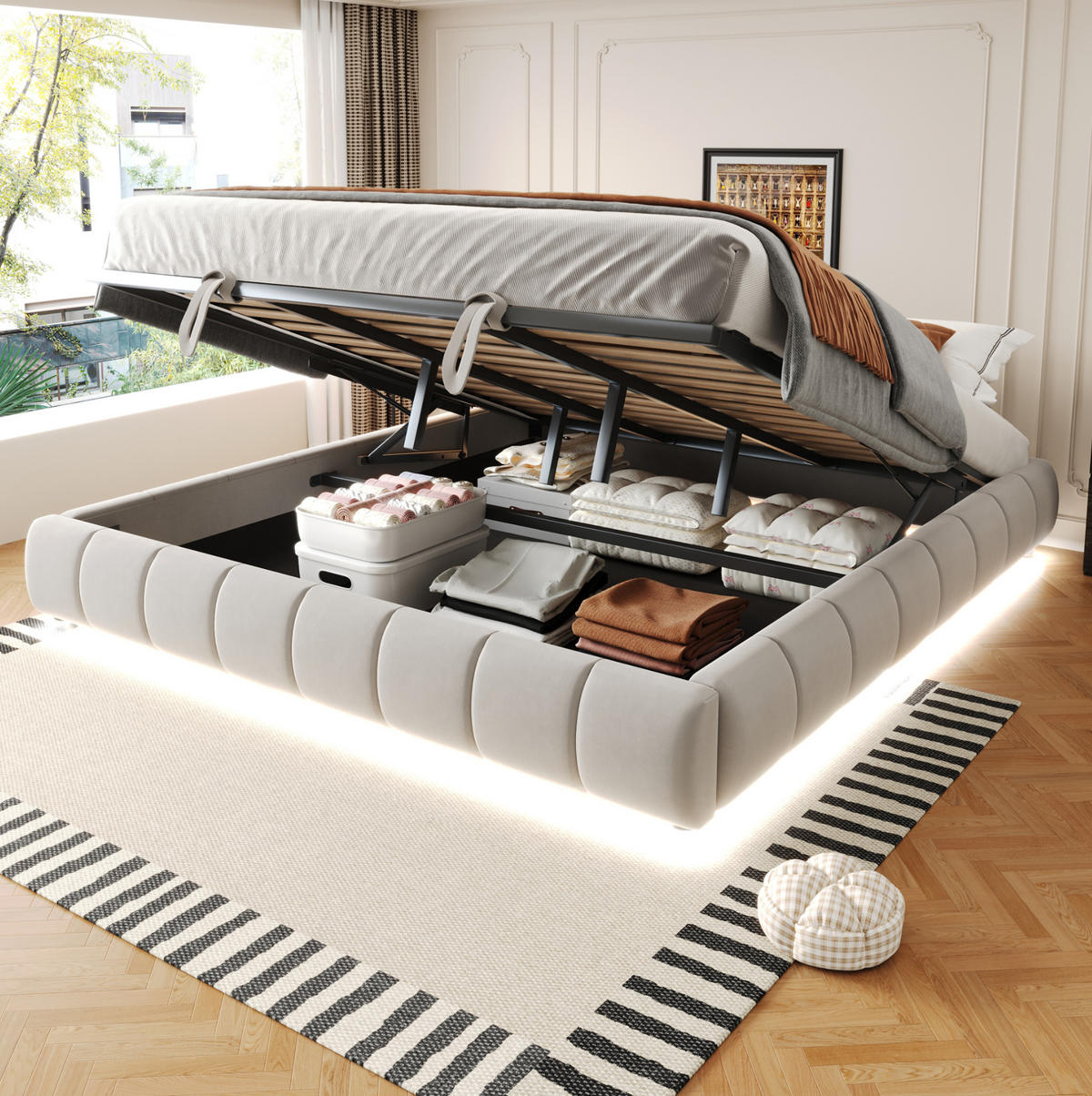 POLSTERBETT mit Stauraum und LED 180x200 cm Samt Beige - Beige, Metall (180/200cm) - Beauniv