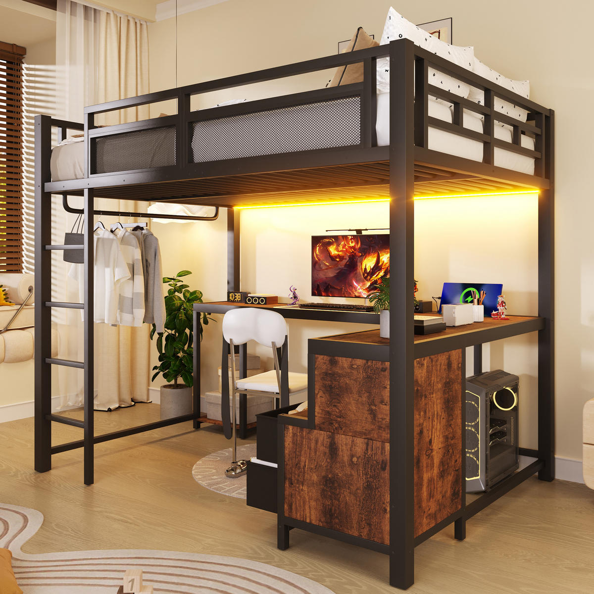 HOCHBETT 140/200 cm in Schwarz Metall und Holz mit LED, USB, Schreibtisch und Ablagefächern - Schwarz, Holzwerkstoff/Metall (140/200cm) - WISHDOR