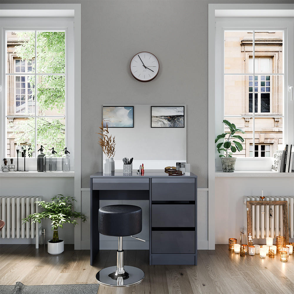 SCHMINKTISCH-SET Sherry Anthrazit 90 cm mit Hocker - Schwarz Hochglanz/Anthrazit, Holzwerkstoff (90/75/40cm) - Vicco