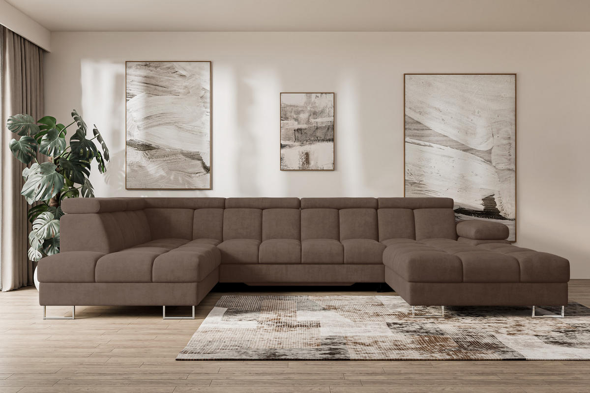 WOHNLANDSCHAFT mit Schlaffunktion und Bettkasten Ottomane Links COMA U 345x203x79 Braun Velours - Braun, Holzwerkstoff/Textil (345/79/203cm) - ALTDECOR
