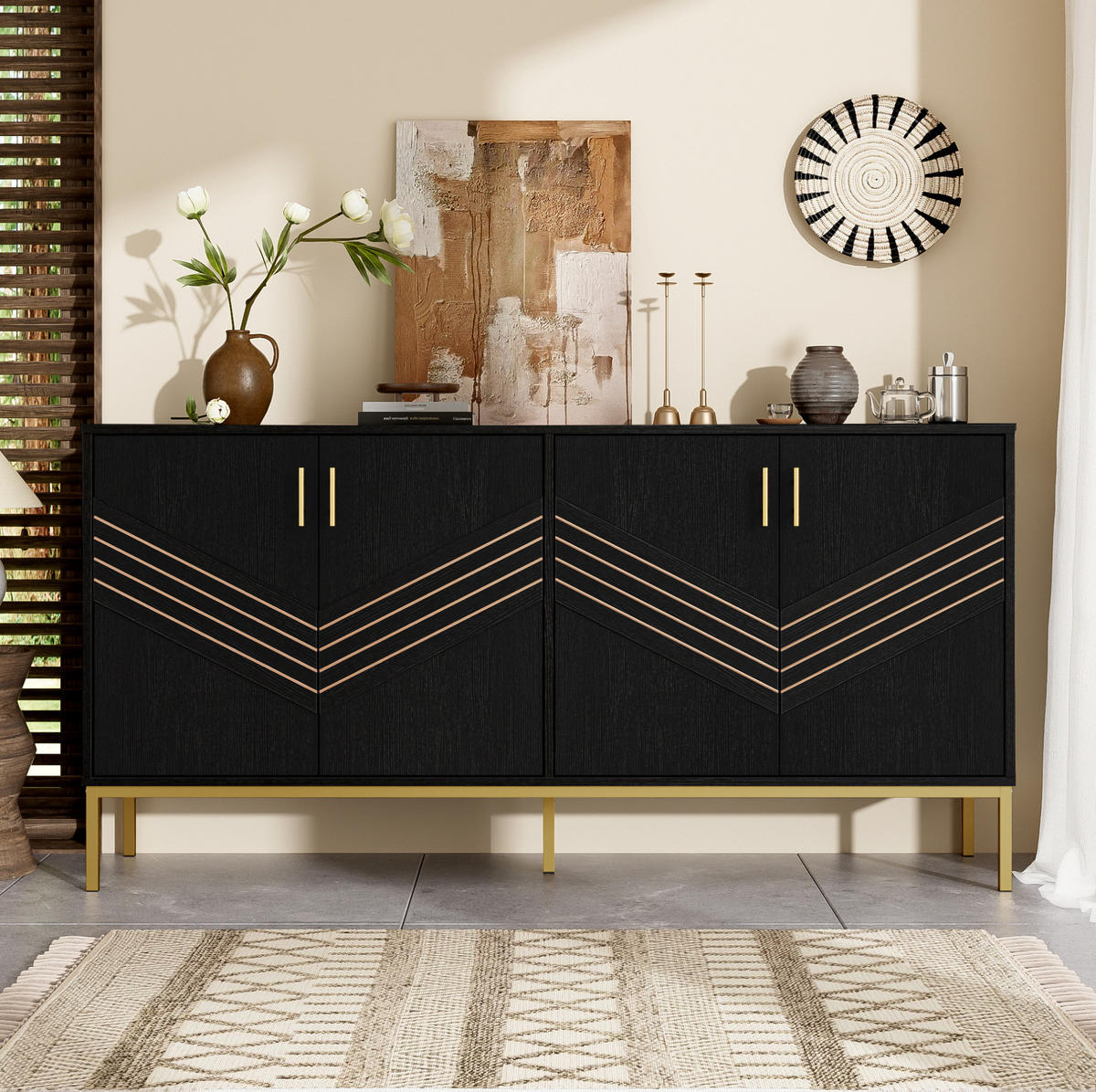 SIDEBOARD mit 4 Türen und höhenverstellbaren Einlegeböden, schwarzes MDF mit goldenen Metallakzenten, 160/40/80,5 cm, Schwarz + Holzmaserung - Schwarz, Holzwerkstoff (160/80.5/40cm) - Redom