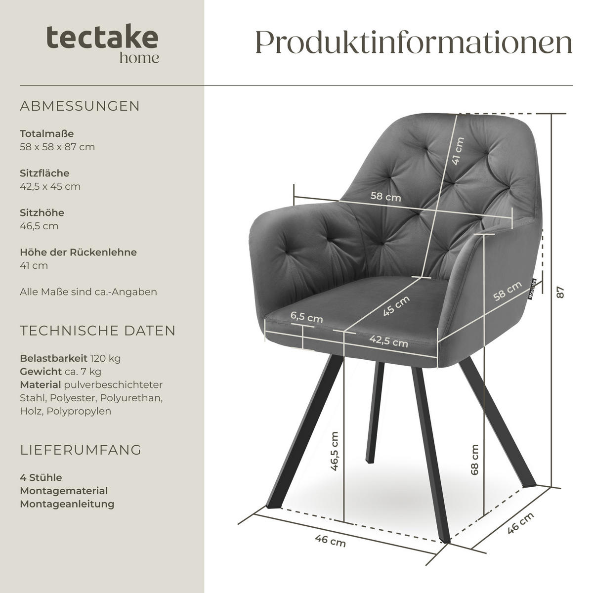 ARMLEHNSTUHL Samt Drehbarer 4er Set Lucia 58 x 58 x 87 cm anthrazit - Anthrazit, Kunststoff (58/87/58cm) - tectake