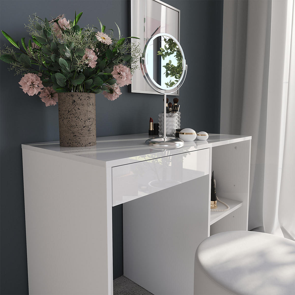 SCHMINKTISCH Sherry Weiß/Weiß Hochglanz 89.8 cm mit Hocker - Weiß Hochglanz, Holzwerkstoff (89.8/76/50.1cm) - Vicco