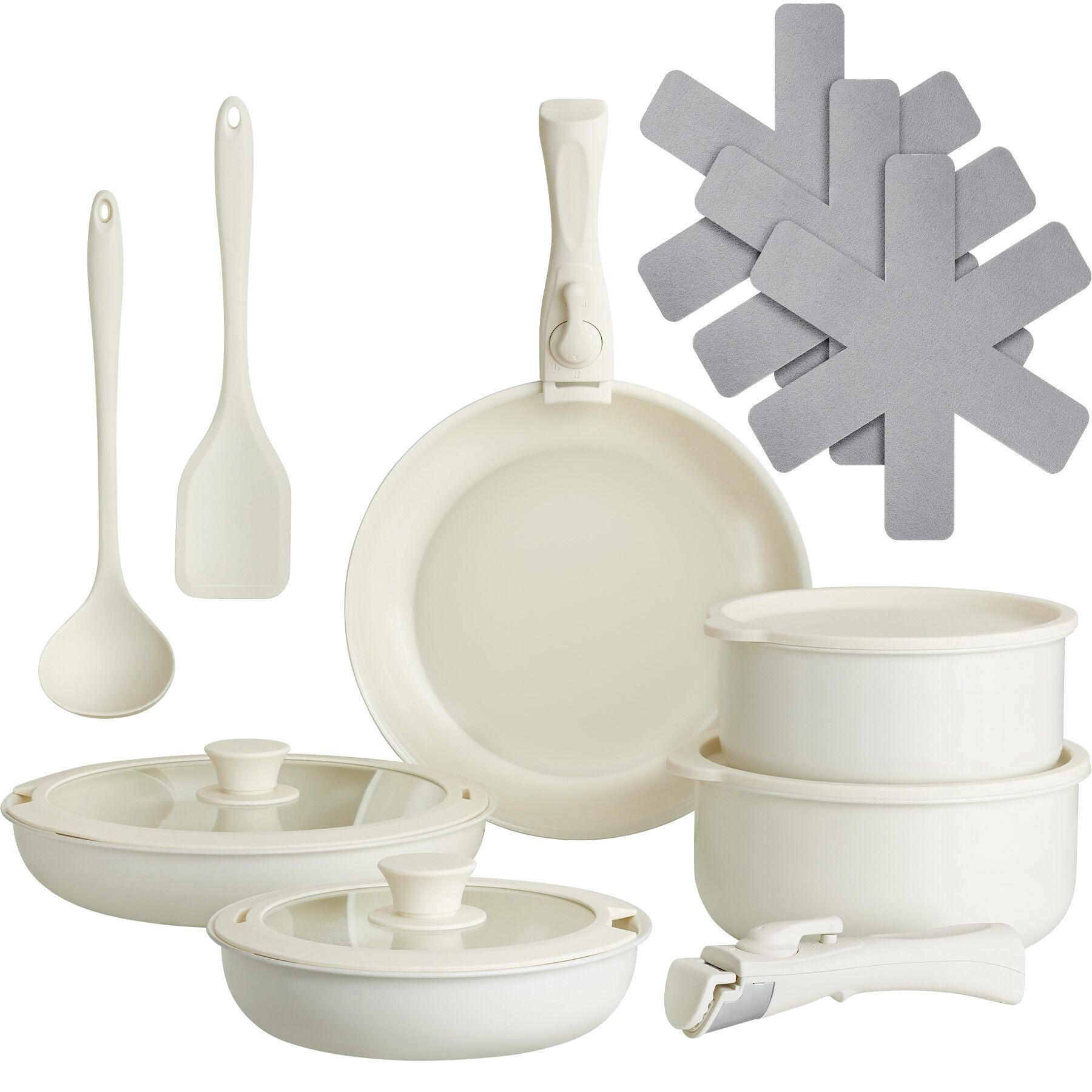 KOCHTOPFSET Genua,2 Küchenwerkzeuge und 3 Topfschoner aus Filz,weiß - Weiß, Metall - tectake