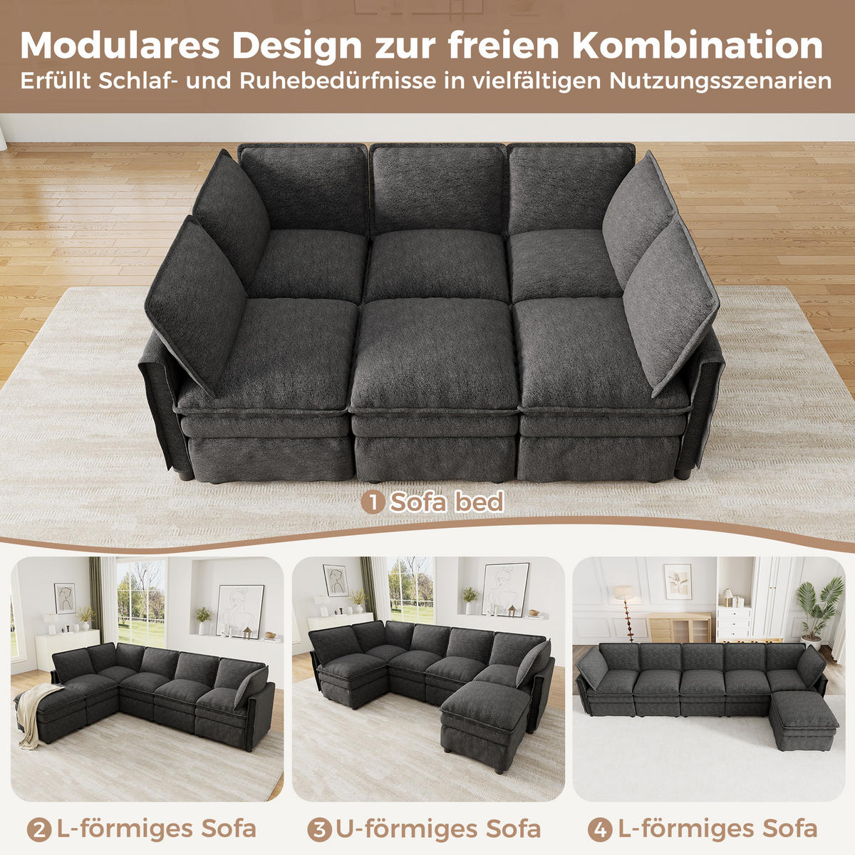 ECKSOFA mit Schlaffunktion und Chenille Bezug - Grau, Textil (344/127cm) - EVRYAE